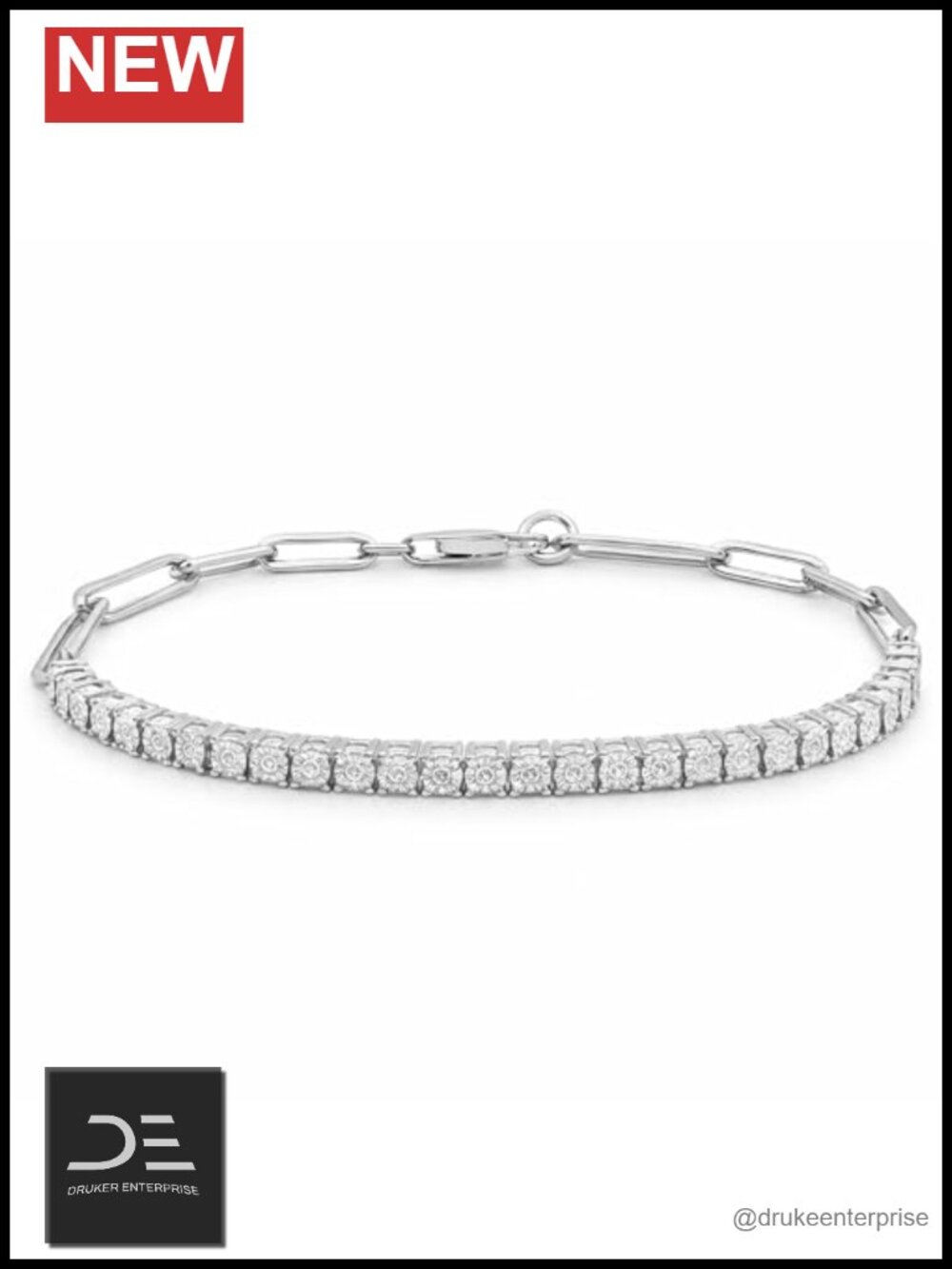 Sterling Silver 925 Diamond Tennis Bracelet Paper Clip 7in